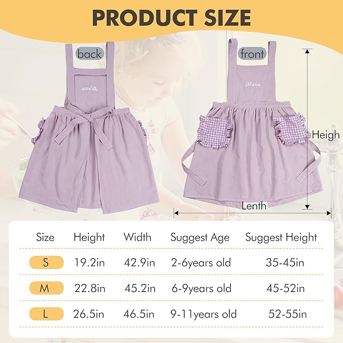 MT WORLD Girls Apron Personalized Linen Kids Aprons for Cooking Toddler Girls Cross Back Apron Pinafore for Baking Crafting