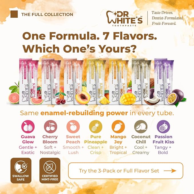 Dr. White’s Fluoride-Free nHA Toothpaste 3-Pack; Dentist-Formulated, Nano Hydroxyapatite + Xylitol, Sensitivity Relief Complex™, Mint-Free, Enamel Safe, Swallow-Safe (3.5 Oz, Mango Joy)