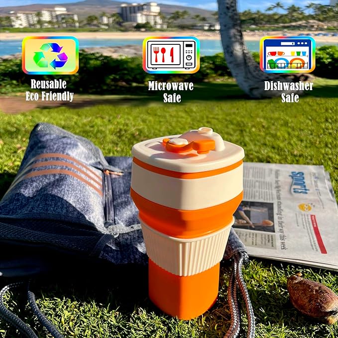 Collapsible Silicone Cup, Safe & Portable, for Hot & Cold Drinks, 18.6 oz (550 ml) - Travel, Camping, Office, and More – Flame Orange