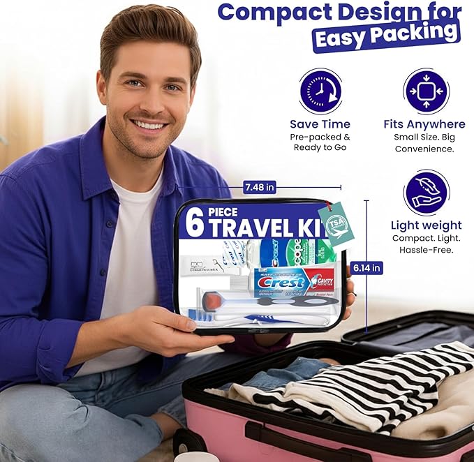 Trektote Bulk Toothpaste and Toothbrush Set- (50 Pack) 6 Piece Dental Care Kit, TSA Compliant, Includes Toothpaste, Toothbrush, Mouthwash, Flosses and Premium Toiletry Bag