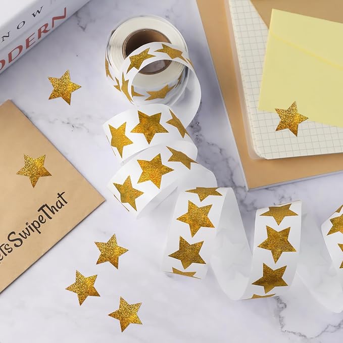 500 PCS Star Stickers, Self-Adhesive Metallic Glitter Foil Sparkly Star Stickers for Reward Behavior Chart Labels, Kids, Students, Teachers Supplies, Sparkly Gold, 1"