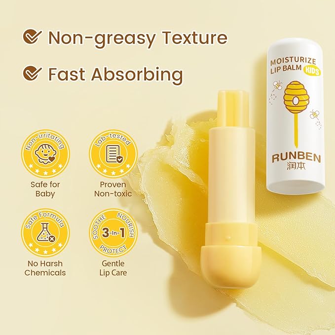 RUNBEN 3 Pack Kids Lip Balm Set Moisturize Baby Lip Balm Toddler Chapped Lips, 24H Deep Moisturizing, Non-toxic & Safe Lips Care