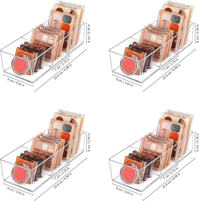 JessLab Acrylic Organizers, Bathroom Organizer for Drawer, 4-Pack Cosmetic Display Cases for Vanity, Countertop, Desk, Kitchen, and Makeup Storage, 3 Compartment