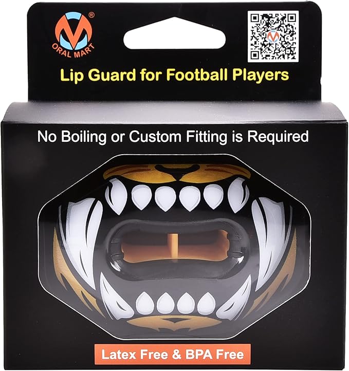 Oral Mart Flag Football Mouth Guard with 3D LipFit Design for Kids - Youth Tackle Football Mouthguard (No Boil) Cool Instant Fit Lip Guard Mouthpiece for Braces (Detachable Helmet Strap Included)