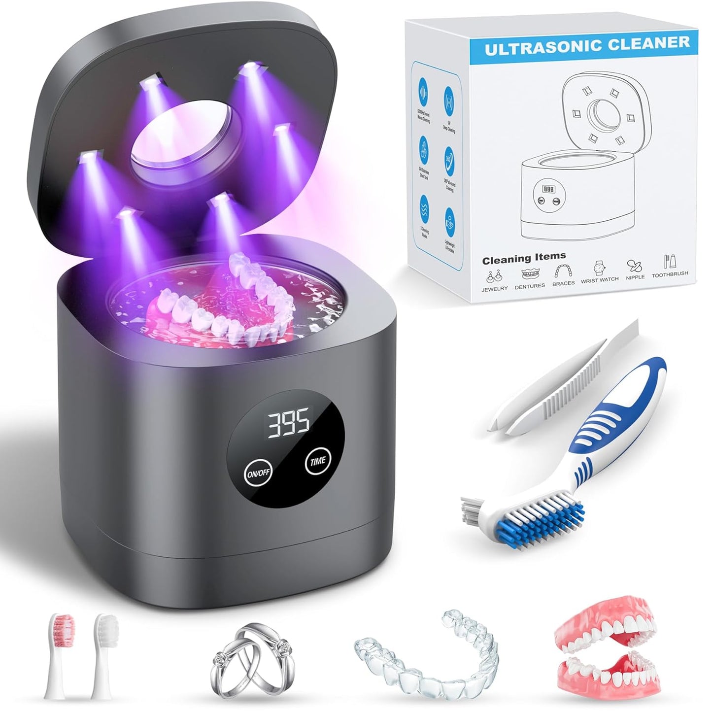 TEBAL Ultrasonic Retainer Cleaner Machine, 52kHz Ultrasonic Denture Cleaner for Night Guards, Braces, Toothbrush Heads, Jewelry and More, Ultrasonic Cleaner for Retainers with 250ML Capacity, Black