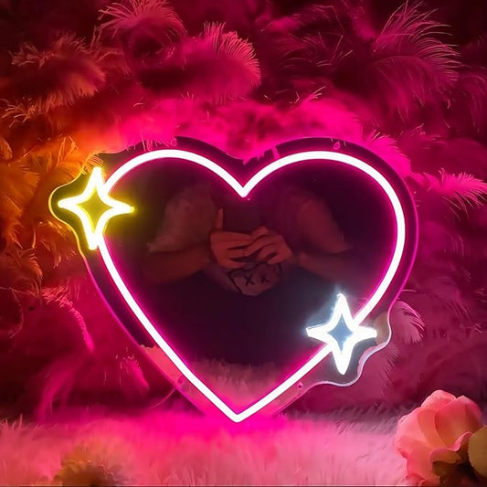 LED Mirror Neon Lights Light Up Dressing Mirror Cat/Shine Heart/Bat/Butterfly Shape Neon Mirror Sign for Modern Home Girl Room Bathroom Salon Wall Art Decor Gift For Girlfriend USB Powered