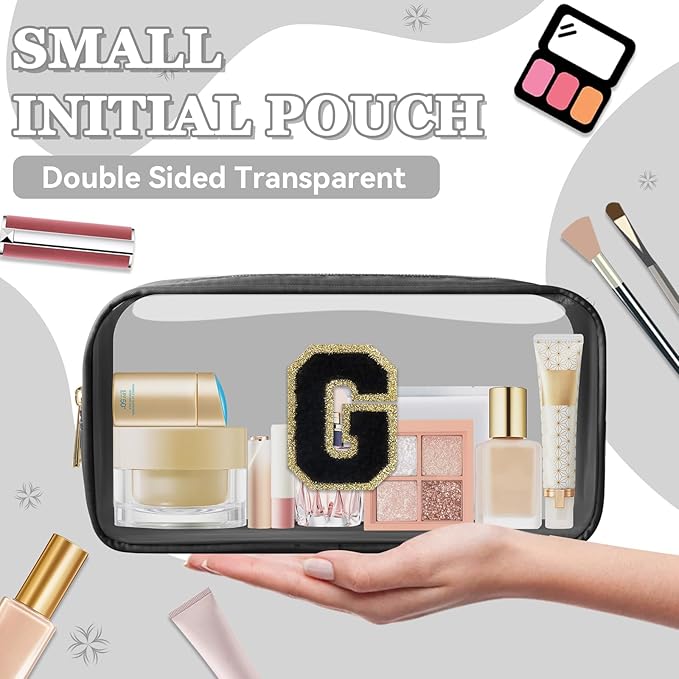Small Clear Personalized Initial Makeup Bag,Nylon Preppy A-Z Chenille Letter Patch Cosmetic Pouch Beach Toiletry Bag,Waterproof Zipper Travel Purse Storage Bag Organizer for Women Girls(Black-Black G)