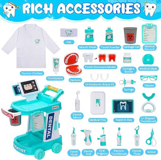 Dentist Play Set Toy for Kids, Pretend Play Medical Toy Dentist Cart, Dental Toy with Fake Teeth, Doctor Toy for Toddlers 3-5, Christmas Birthday Costume Role Play Dress Up Gift Ideas for Boys Girls
