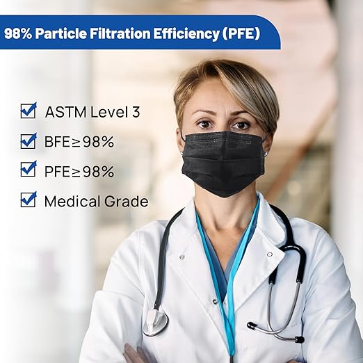 JMU 500 Pcs Black Disposable Face Masks, 4-Ply Protection ASTM Level 3 Medical Masks for Adults, 10 Box