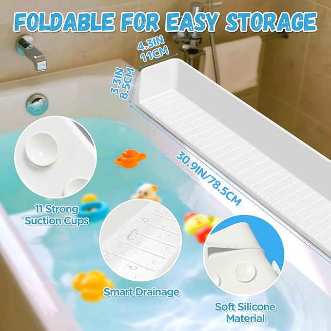 Splash Guard for Bathtub Kids - Silicone Bathtub Splash Guard with 11 Suction Cups, Bath Tub Play Shelf for Kids & Toy Holder, Prevent Water Spill in Bathroom, Fun Bath Time for Toddlers Baby, White
