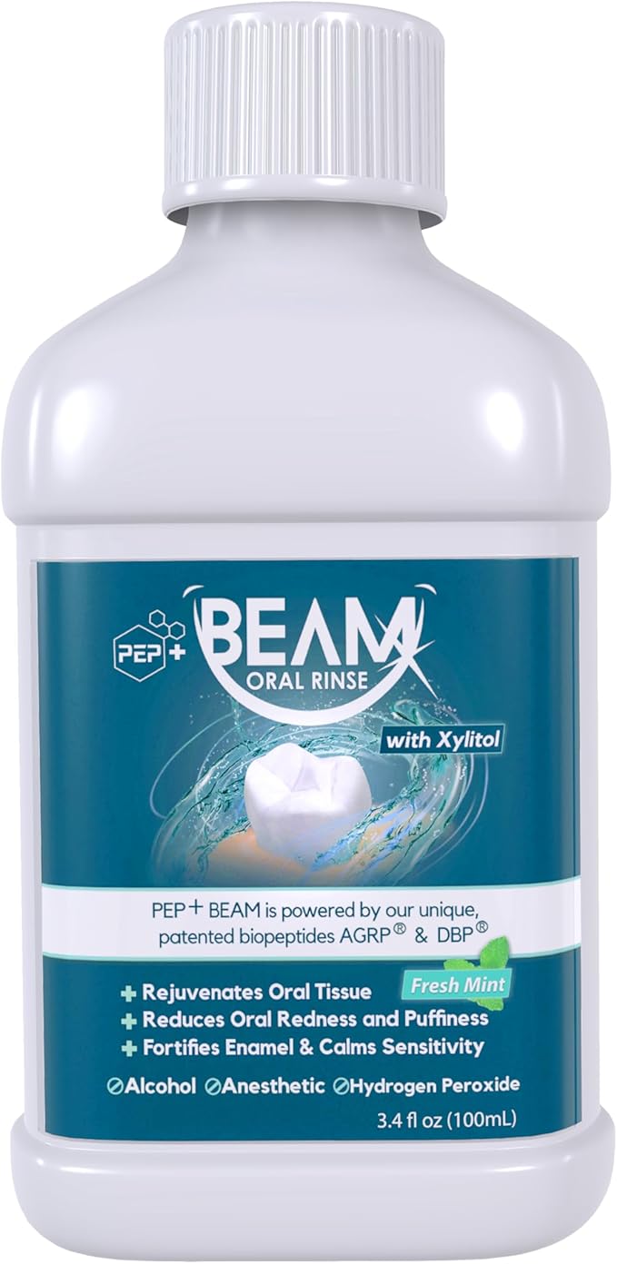 PEP+ BEAM Alcohol-Free Fluoride-Free Mouthwash with Peptides & Xylitol – Oral Rinse for Enamel Strength, Gum & Tissue Support, Fresh Breath & Microbiome Balance – Dentist Inspired, Travel Size 3.4 oz