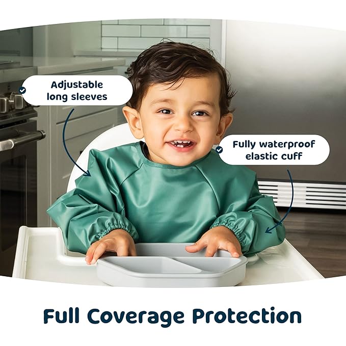 Tiny Twinkle Long Sleeve Bib for Babies & Toddlers – 2 Pack Waterproof Smock Bibs for Eating – Machine Washable & Mess-Proof, Baby Feeding Essential & Shower Must-Have (Slate Olive,2-4Y)