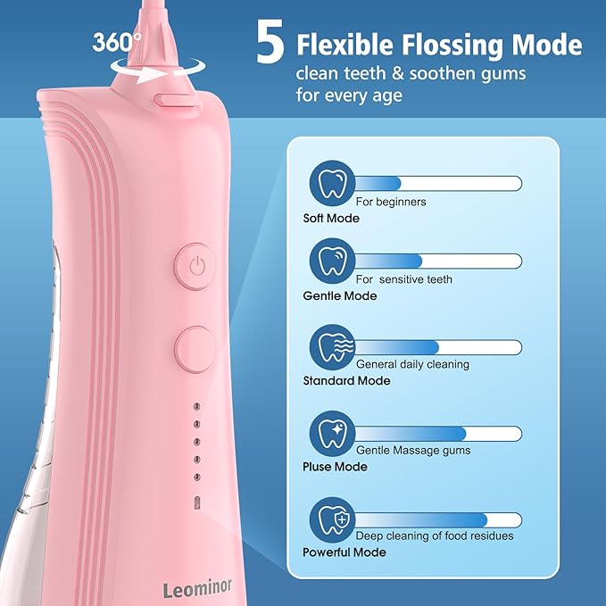 Leominor Water Dental Flosser - 5 Modes Cordless Portable Oral Irrigator, IPX7 Waterproof, Rechargeable Teeth Cleaner Upgrade Datchable Tank Professional Flossing Cleaning Pick for Home Travel (Pink)