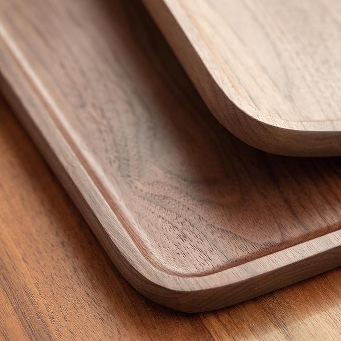 Wood Serving Tray, Small Trays for Storage, Rectangle Wooden Plates for Serving Food, Tea and Coffee, Decorative Vanity Tray for Bathroom, Tray for Kitchen Counter(Set of 2, Walnut)