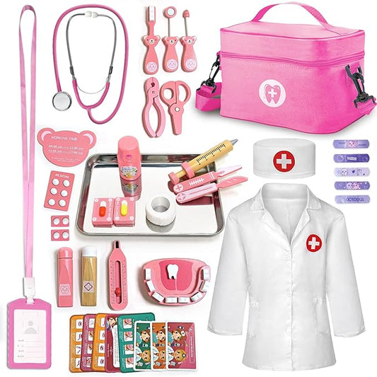Doctor Kit for Kids Girls, Wooden Kids Dentist Play Set, Doctor Play Set Pretend Play Toys for Toddlers 3-5 , Realistic Wooden Medical Kit Role Play Set, Gifts for Boys Girls 3+ Years