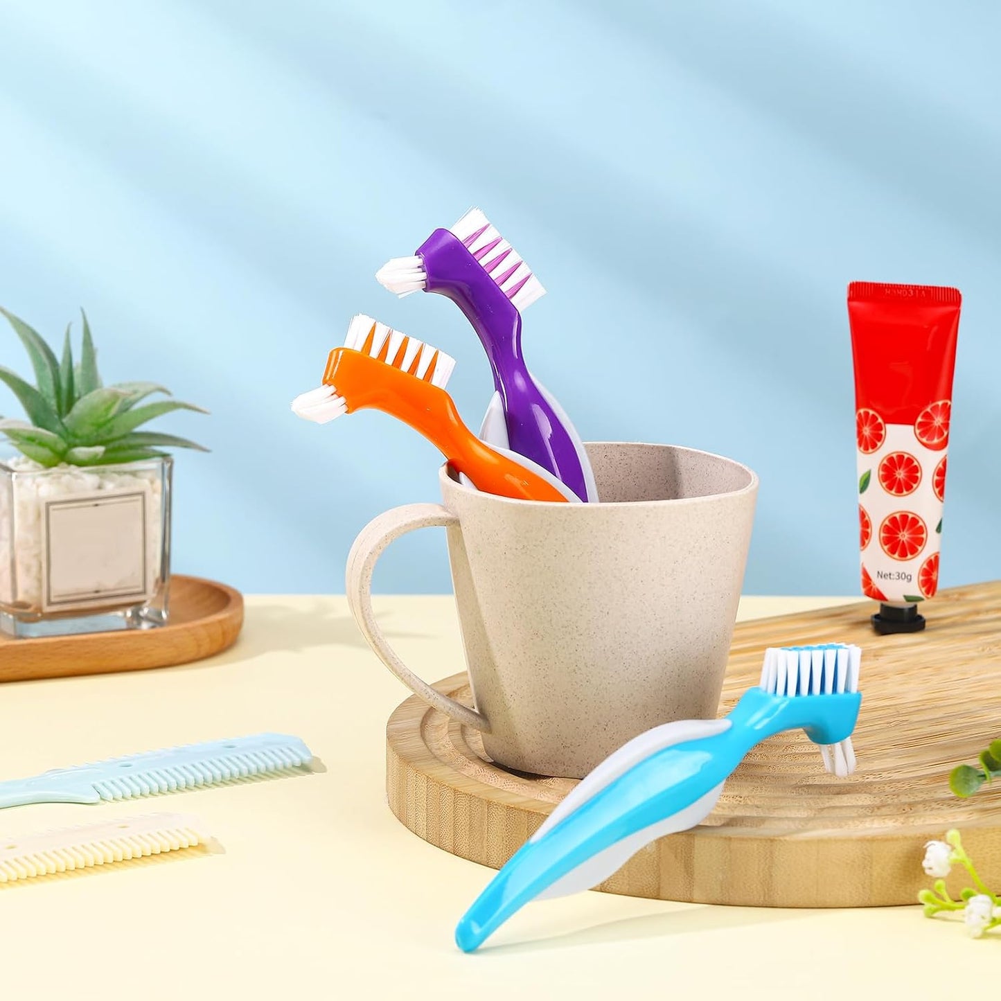 6 Pack Denture Cleaning Brush Dual Head Portable Denture Toothbrush Hard Double Sided Multi-Layered Bristles False Teeth Toothbrush for Care Clean Clear Brace Mouth Guard(Blue Orange Purple,Angled)