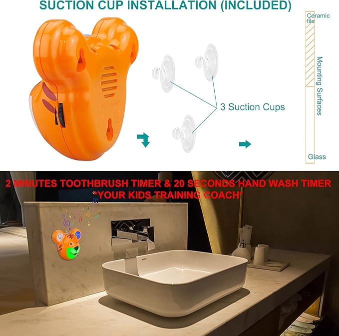 Musical Timer for Kids, Rechargeable Battery 2 Minute Toothbrush Timer and 20 Seconds Bathroom Hand Wash Timers with LED Color Light, 3 Volume Options Musical Timers for Children Tiger