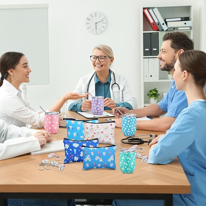 16 Pcs Dental Hygienist Gifts Bulk Include12 oz Teeth Stainless Steel Tumbler Cosmetic Bag Tooth Shape Keychain Tooth Socks Dental Assistant Gifts for Nurse Graduation Accessories