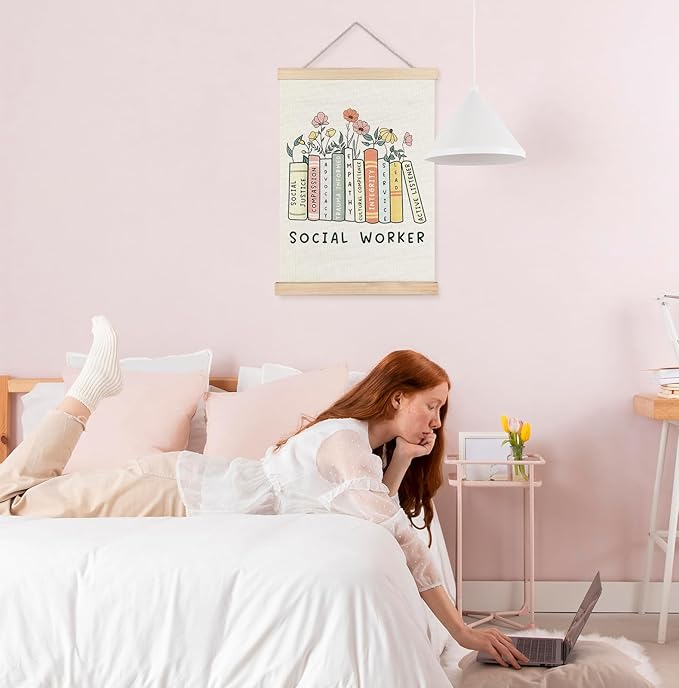 Yomisex Social Worker Wall Art Poster, Social Workers Gifts for Women, Floral Bookish Societal Worker Wall Art Framed for Home Bedroom Living Room Office Decor, 12x16 Inch