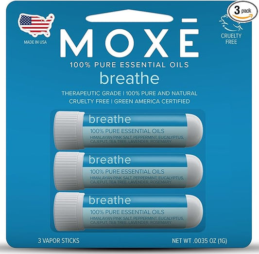 MOXE Breathe | Himalayan Salt Inhaler | Help Clear Congestion, Boost Focus and Improve Breathing | Natural Aromatherapy | Peppermint, Lavender and Tee Tree Essential Oil (3 Pack)