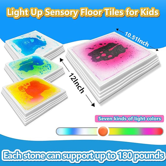 Light Up Sensory Floor Tiles for Kids - 12x12 Inch Liquid Sensory Play Mat with 7 Colors Led Lights, Non-Slip Puzzle Mat for Home and Classroom, Autism Sensory Toys for Toddlers Ages 3-7 (Pack of 4)