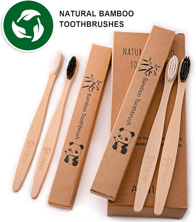 Bamboo Toothbrushes Medium Bristles for Adult, 10 Pack Family Bulk Toothbrushes Set Natural Organic Wooden Tooth Brush Charcoal Wood Handle Tooth Cleaning Brush Black White