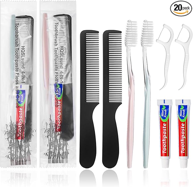 20pcs Disposable Toothbrushes with Toothpaste and Comb Floss Individually Wrapped, 4-in-1 Bulk Toothbrush Kit with 2 Color Toothbrush,10g Toothpaste,7 inch Comb, Floss Pick for Homeless,Hotel