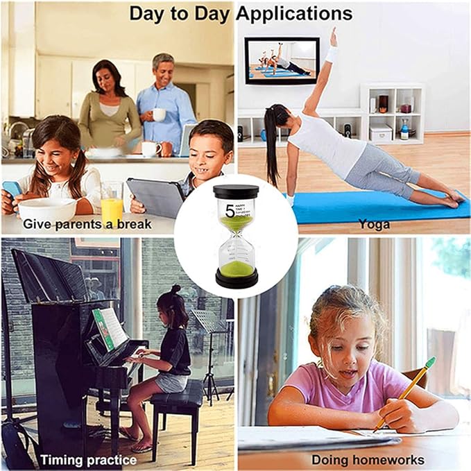 Hourglass Sand Timers 1/3/5/10/15/30 Minutes, Colorful Sand Clock for Kids, Mini Plastic Sand Watch for Games Classroom, Small Glass Sandglass Timer Set (Pack of 6)