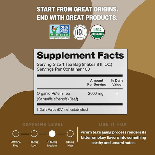 FGO Organic Pu'erh Tea, 100 Count, Eco-Conscious Black Tea Bags, Resealable Bag, Packaging May Vary (Pack of 1)