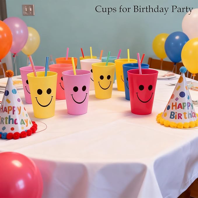 Plastic Cups Set for Kids Kitchen Drinking & Toothbrush Rinse, 260ml Reusable Colored Unbreakable Smiling Face Bathoom Mouthwash Tumbler Brushes, Kids Speed Training Stackable Cup