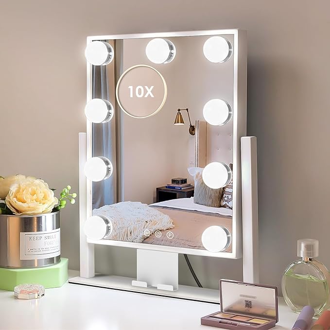 Kottova Lighted Makeup Mirror, Hollywood Vanity Mirror with Lights, Three Color Modes, with Detachable 10x Zoom Mirror, Smart Touch Control, Metal Frame, 360° Rotation（14.1in,White）