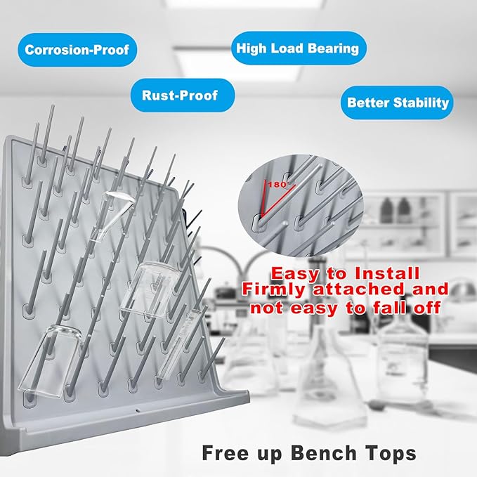 Lab Drying Rack 52 Pegs Laboratory Cabinets Glass Drying Racks Wall-Mount Grey Cleaning Frame for School Laboratory Utensils Hidden Installation