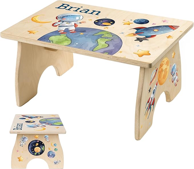 Step Stool for Toddlers- Personalized Wood Kids Step Stool with Name for Kitchen Sink, Bathroom, Potty Training, Toilet, Kitchen Sink- Sturdy and Safe- Made in USA by BloomOwl (Astronaut)