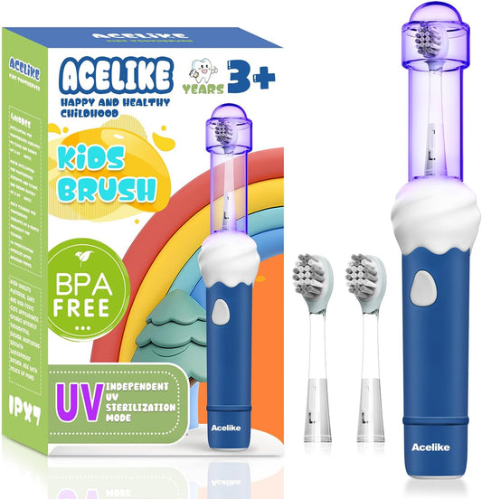 UV Self Clean Kids & Toddlers Electric Toothbrush | Improve Safe and Hygiene | Soft Bristles | Easy-Grip Silicone Handle | 4 Modes & 2-Min Timer | One Charge Last 60 Days | Age 3+ (Blue)