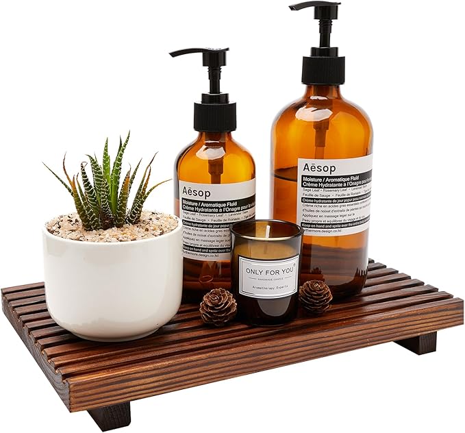 Renawe Farmhouse Bathroom Counter Tray Wood Display Pedesta Stand Kitchen Countertop Trays Decorative Wooden Riser Dish Soap Dispenser Holder for Bathroom Sink Accessories Kitchen Decor Vanity Tray