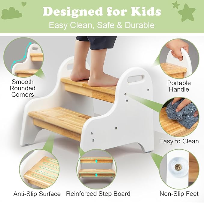 StrongTek Kids 2 Step Stool, Rubber Wood Step for Children, Safe & Sturdy, Ideal for Bathroom, Kitchen, Home Use, Durable, Non-Slip, Child Safety, Foot Stool, Toddler Step Stool, Easy to Clean