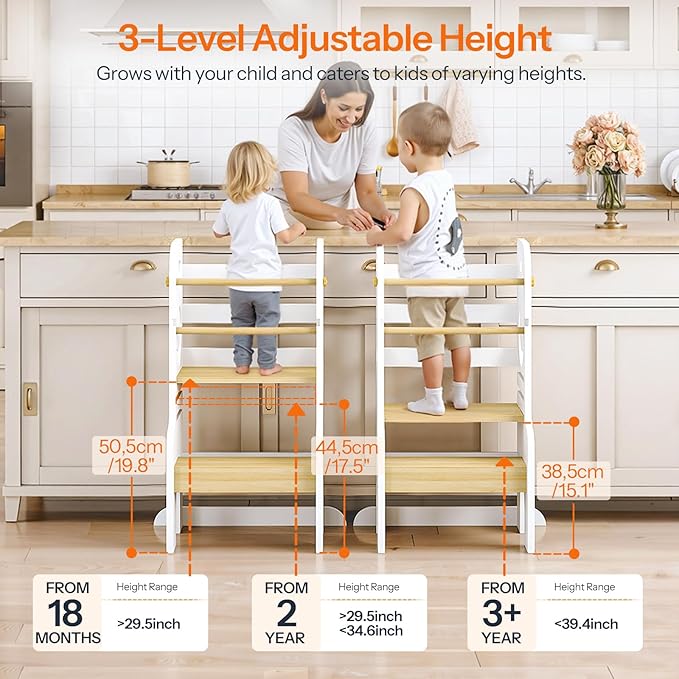 HOOBRO Toddler Standing Tower, Adjustable Height Toddler Step Stool with Back Protection, Kids Kitchen Step Stool with Safety Rails and Non-Slip Foot Pads, for Kitchen, Bathroom, White WN90JD01