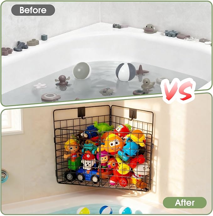 Large Corner Bath Toy Storage, Metal Bathtub Shower Toy Holder, Foldable bath Tub Toy Organizers Black, Bathroom Toy Storage with Drainage for Sorting Toys/Clothes/Toiletries