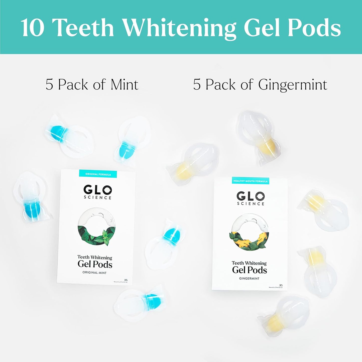 GLO Science Teeth Whitening Gel Pods – Safe, Effective Tooth Whitener with Silicon Brush, 6% Hydrogen Peroxide – Fastest Way to Whiter Teeth, Sensitivity Free – 5-Pack of Mint + 5-Pack of Gingermint