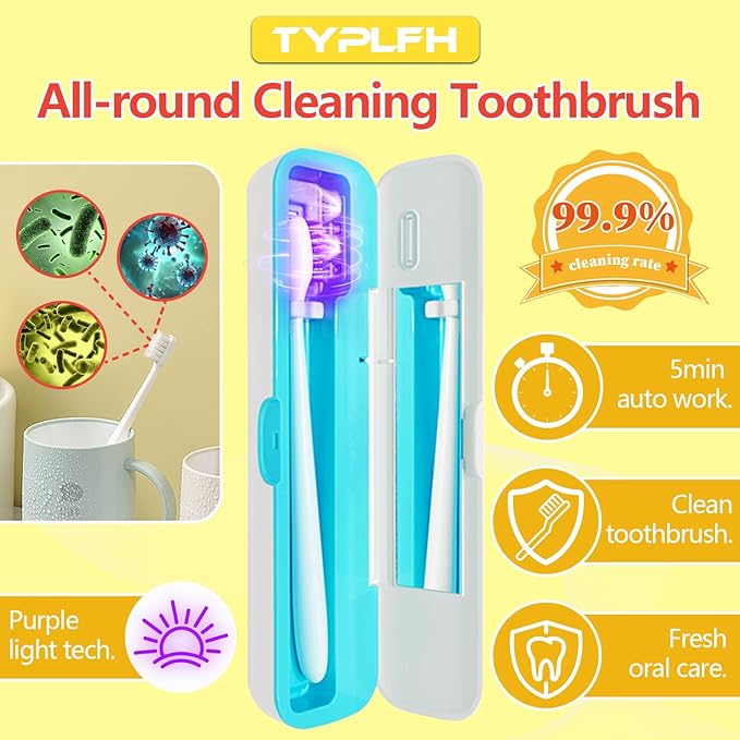 Toothbrush Sanitizer Case, TYPLFH Toothbrush Covers, Portable Toothbrush Travel Holder for Clean and Storage, C Port and AA Batteries Charge, Air Water Filt, Auto-Off, for All Toothbrushes (Blue)