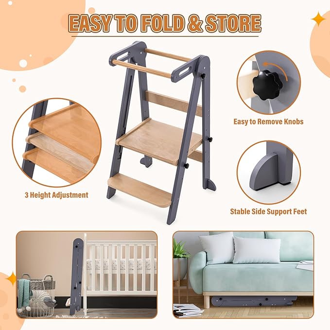 Foldable Toddler Kitchen Stool Helper - Adjustable Height Folding Toddler Standing Tower, Kids Helper Stool with Safty Rail for Kitchen Counter Bathroom (Grey)
