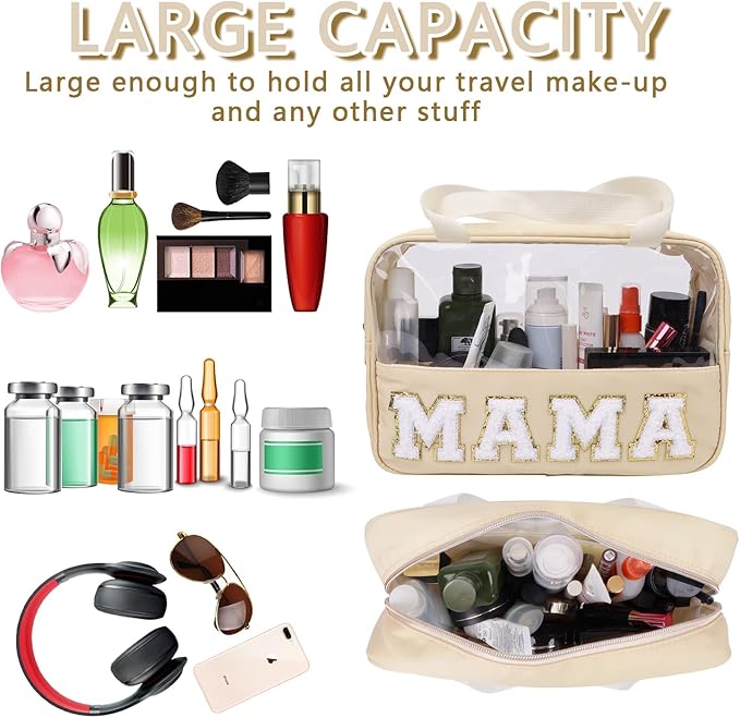 Iqimott Chenille Letter Patch Mama Bag, Preppy Clear Makeup Cosmetic Bag Large Toiletry Storage Tote Bag with Handle, Transparent Nylon Waterproof Organizer Zipper Pouch for Travel Women Girls(Beige)