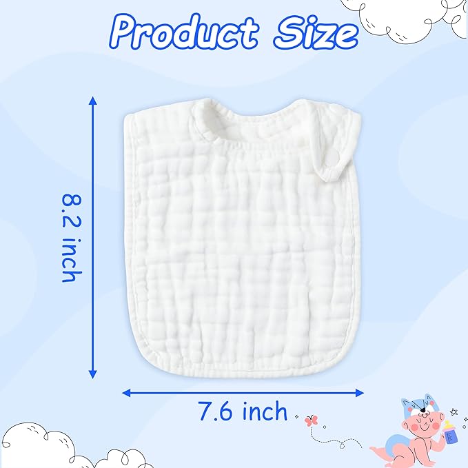 Zainpe 6Pcs Snap Muslin Cotton Baby Bibs White Adjustable Drool Bib with 6 Absorbent Soft Layers, Machine Washable Unisex Burp Cloths for 3 to 36 Months Boys Girls Infant Newborn Toddler