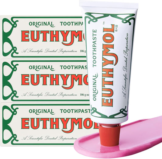EUTHYMOL Original Pink Toothpaste (3.7fl oz*3, Pack of 3) - Fluoride-Free Toothpaste for Sensitive Teeth & Gum. Bad Breath, Cavity Prevention, 12-Hour Long Lasting Freshness with Wintergreen