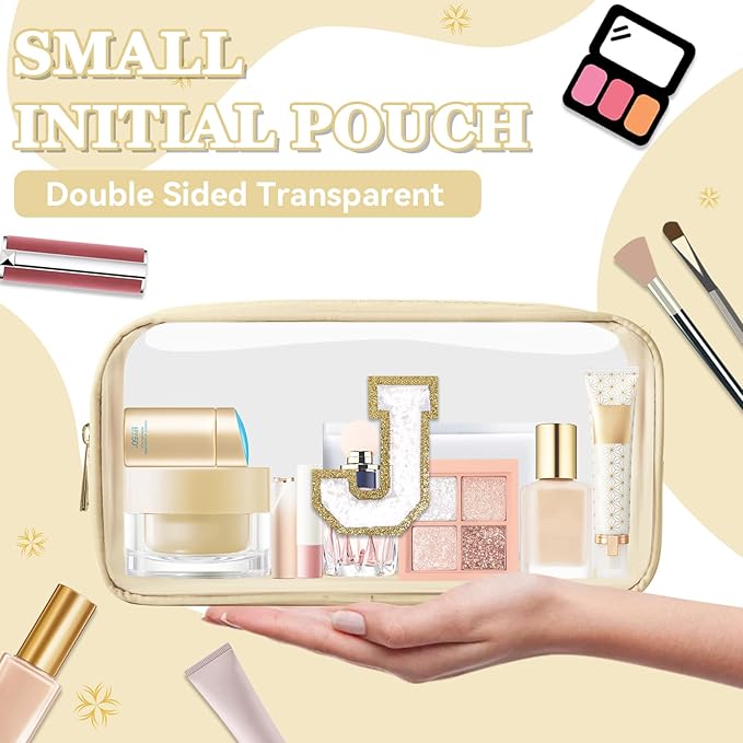 Small Clear Personalized Initial Makeup Bag,Nylon Preppy A-Z Chenille Letter Patch Cosmetic Pouch Beach Toiletry Bag,Waterproof Zipper Travel Purse Storage Bag Organizer for Women Girls(Beige-White J)