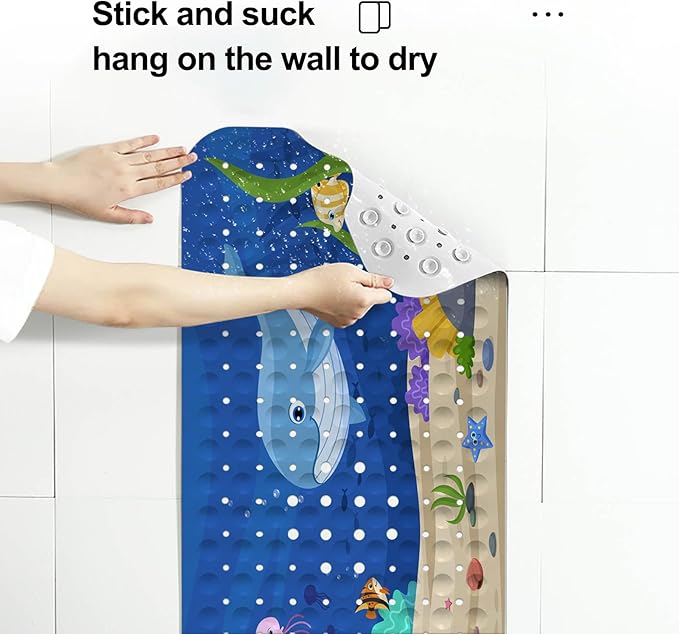 LNOND Bath Mat for Tub for Kids, Ocean Whale Bathtub Mat, Kids Bath Mats for Bathroom Non Slip with Drain Holes and Suction Cups,Machine Washable (40 X 16 Inch)