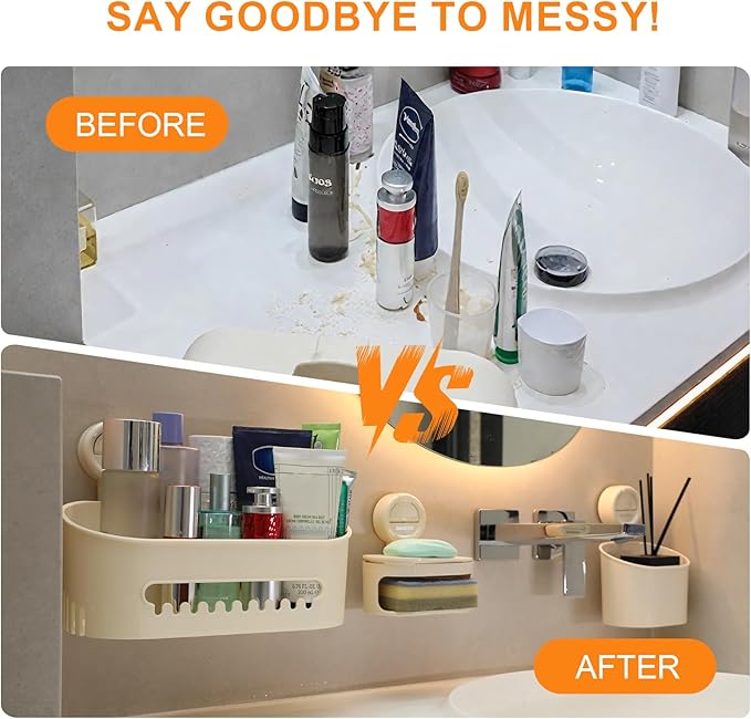 suntree Shower Caddy with Strong Suction Cups, No Drill Bathroom Shelf Organizer, Removable Soap Holder & Toothbrush Holder, Waterproof Storage with Drainage Design, Cream White