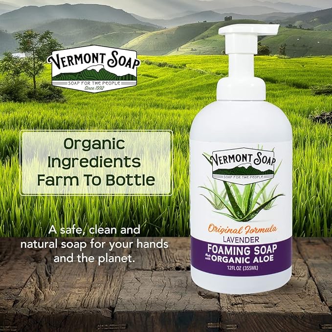 VERMONT SOAP Organic Lavender Foaming Hand Soap - Natural Moisturizing Soap for Dry Skin - Fragrance Free Liquid Bathroom Hand Soap Dispenser - Lavender - 12 oz