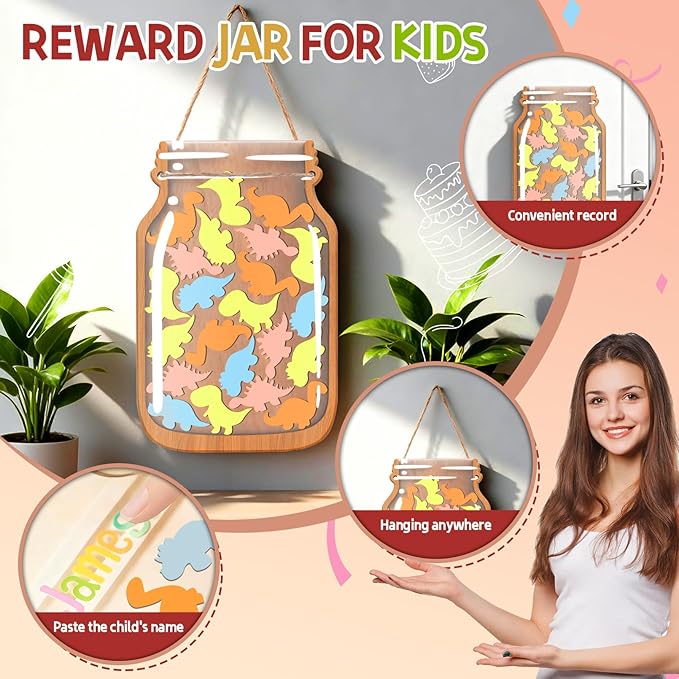 Little Dinosaur Reward Jars for Kids-Magnetic Reward System with Colorful Letter Stickers,Behavior Classroom Incentive Jar for Teachers Parents (Mason Jar with Stars, Kids Motivational Tool)