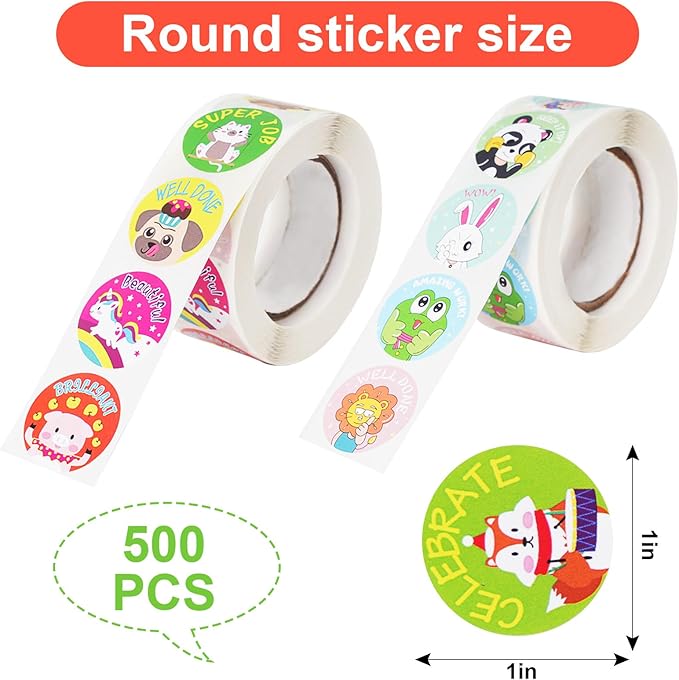 1000 Pcs Kid Stickers Animals, Stickers for Childens Teachers Students School Classroom in 16 Designs Motivational Stickers (1 Inch / 2 Rolls)